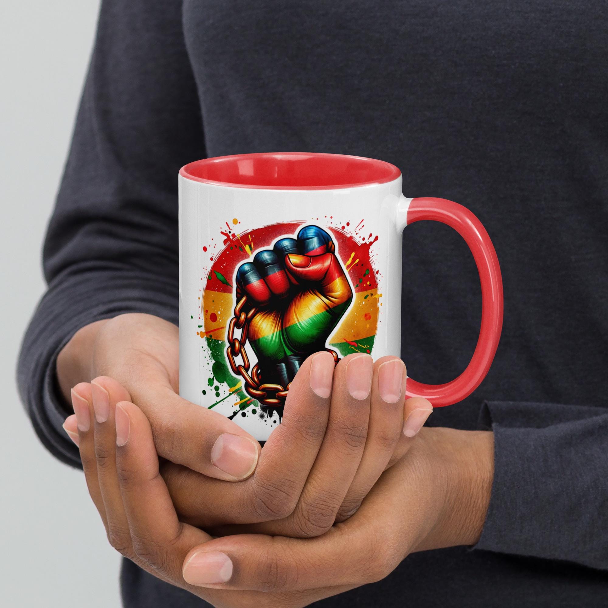 Empowerment Mug – Rasta Fist Breaking Chains, Color Inside