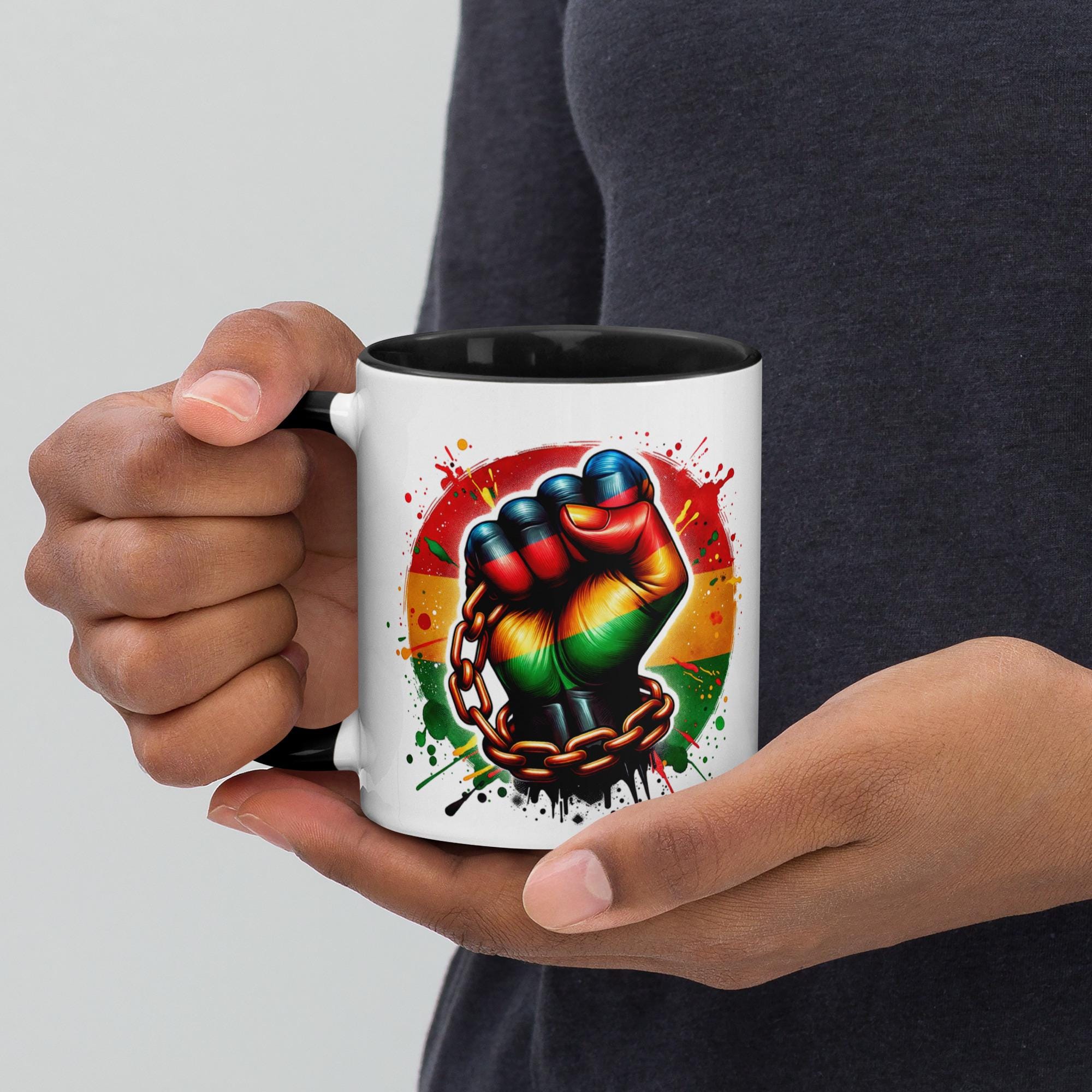Empowerment Mug – Rasta Fist Breaking Chains, Color Inside