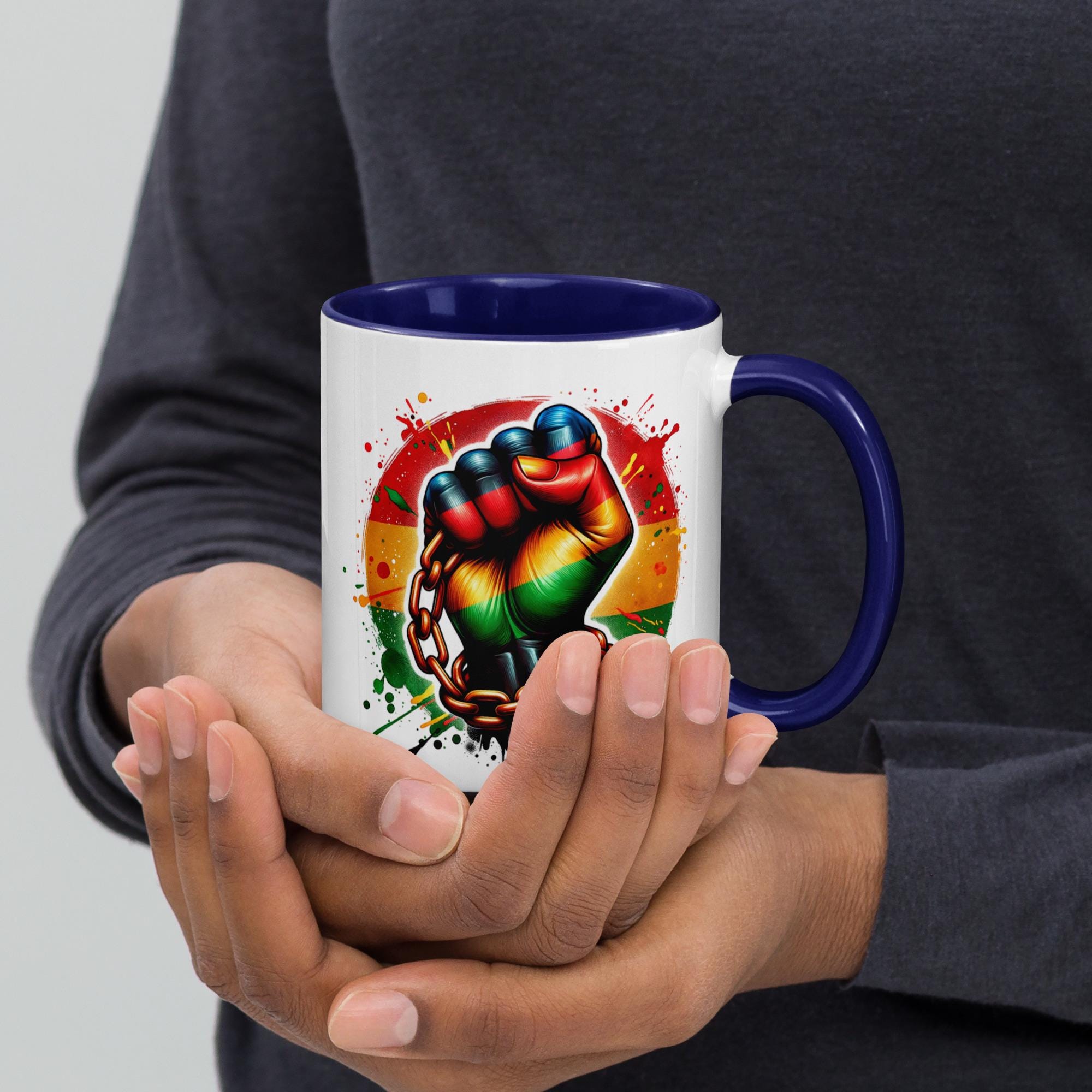 Empowerment Mug – Rasta Fist Breaking Chains, Color Inside