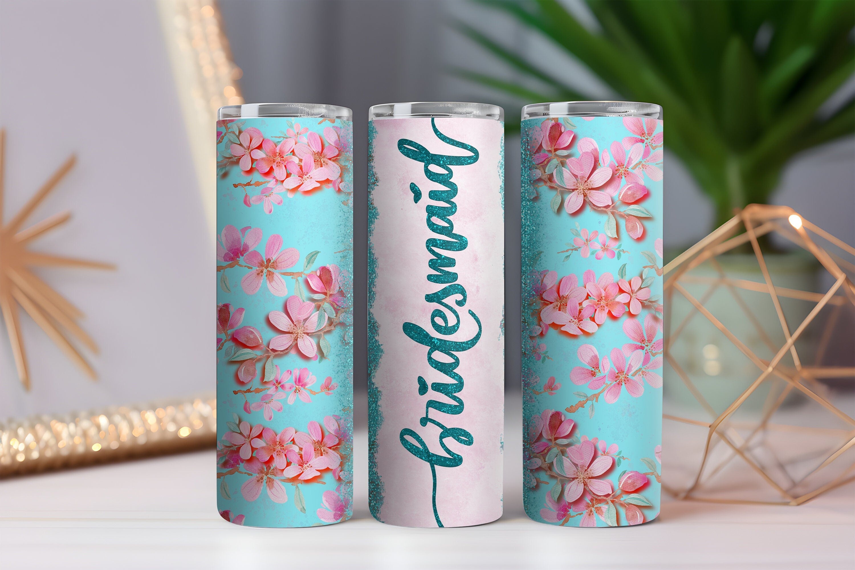 Bridesmaid Teal 20oz Tumbler – Floral Wedding Gift w/ Metal Straw