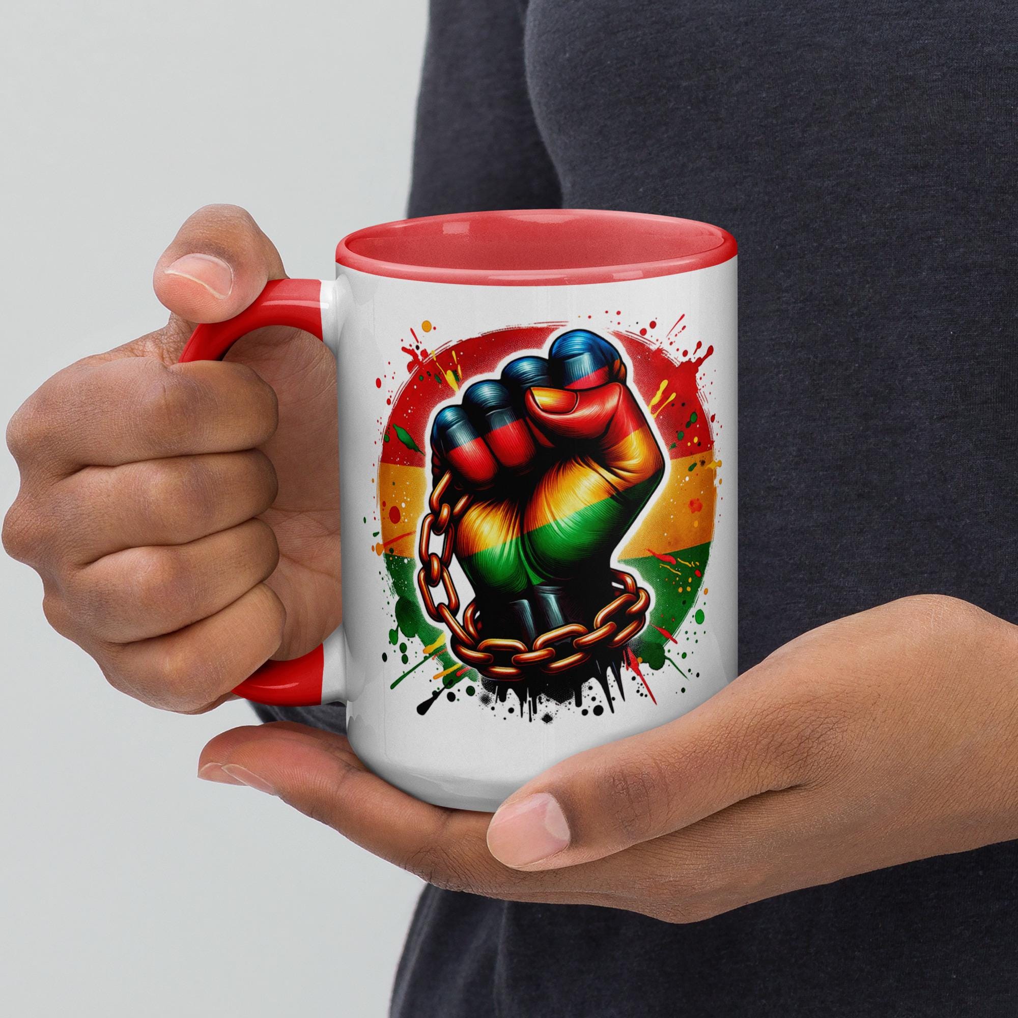 Empowerment Mug – Rasta Fist Breaking Chains, Color Inside