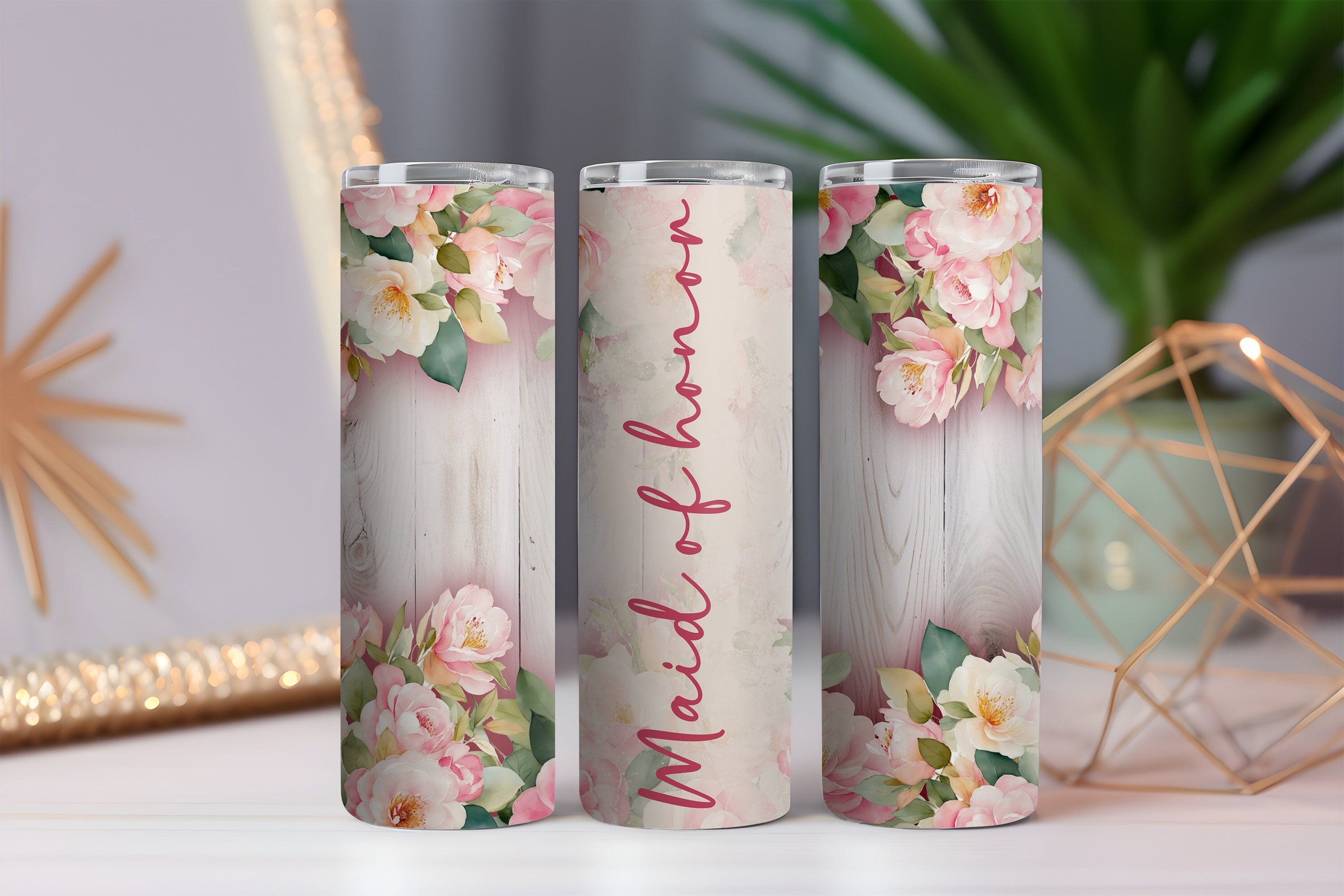 Maid of Honor 20oz Floral Tumbler – Wedding Gift w/ Metal Straw