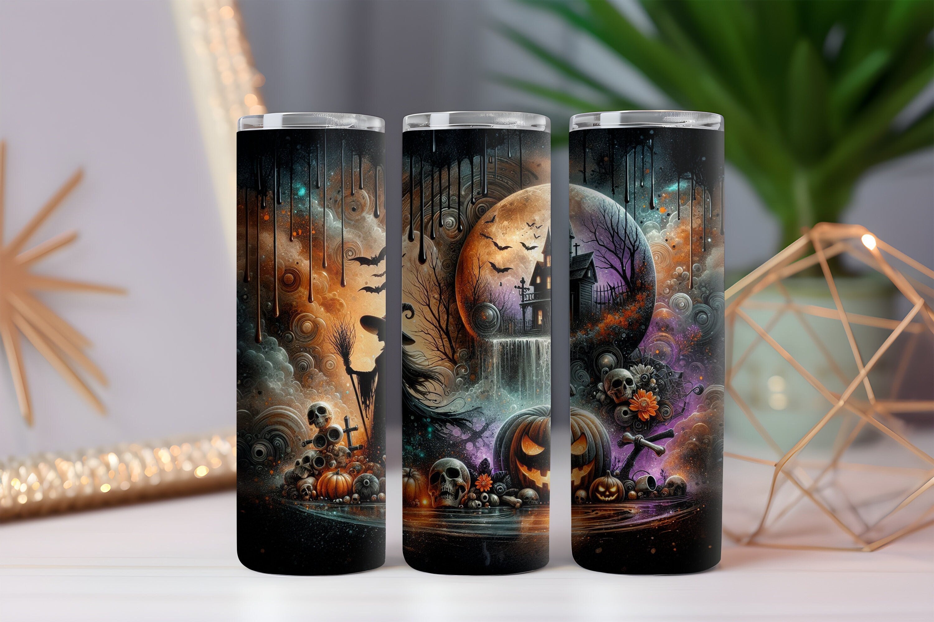 20oz Halloween witch insulated stainless tumbler with sliding lid and metal straw

Spooky season skinny tumbler—double-walled, hot or cold drinks