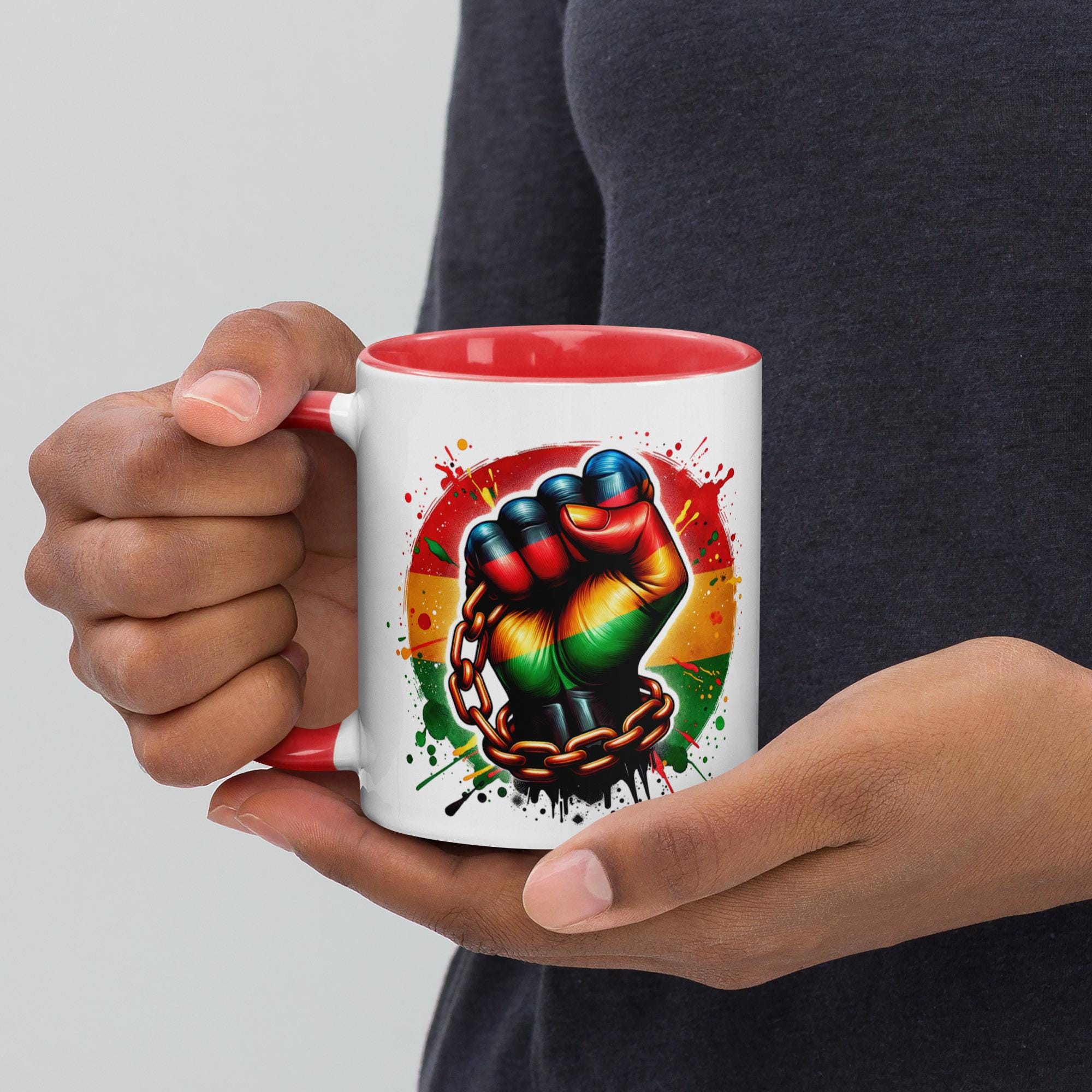 Empowerment Mug – Rasta Fist Breaking Chains, Color Inside