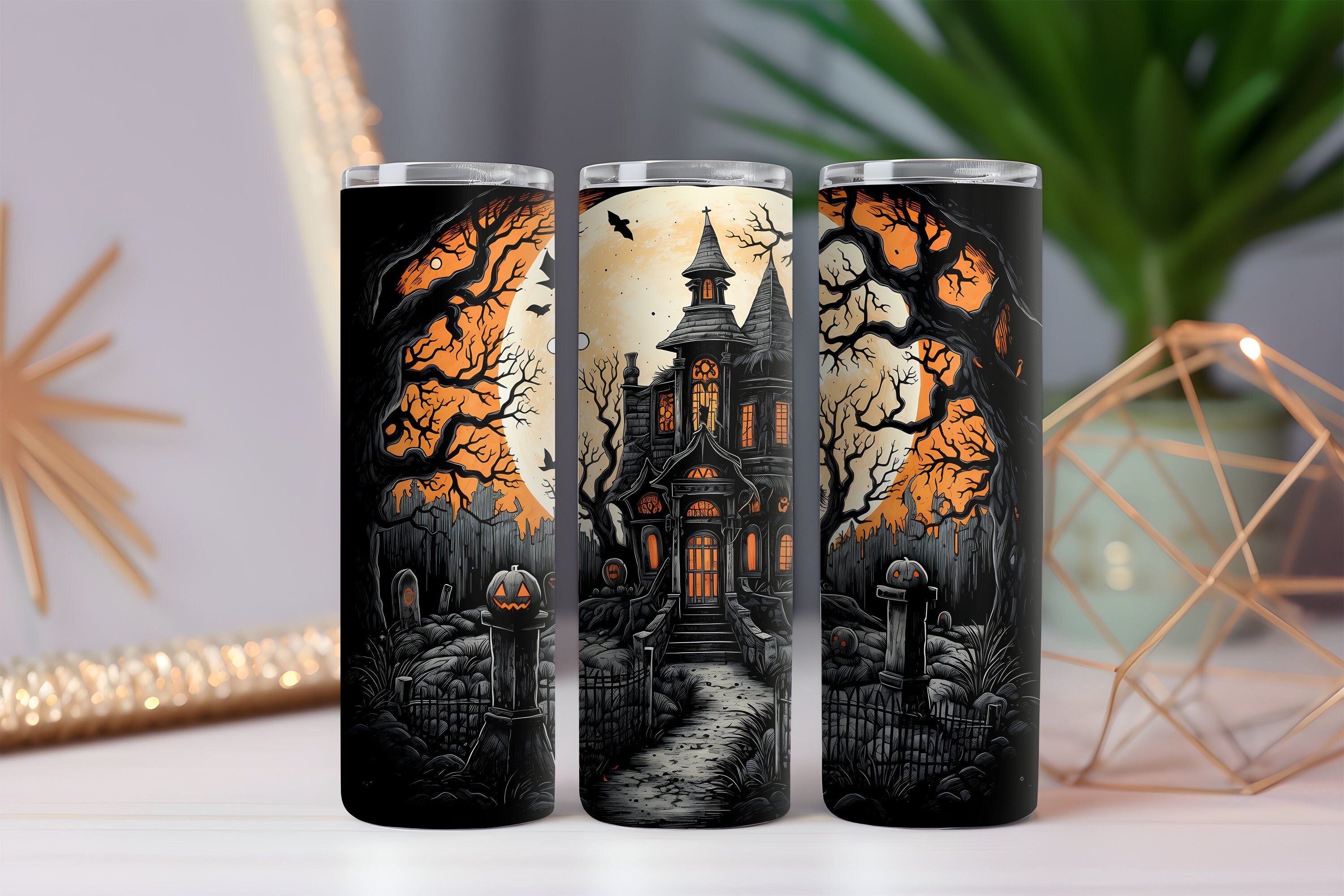 Haunted Castle Halloween 20oz Tumbler – Spooky Gothic Drinkware w/ Metal Straw