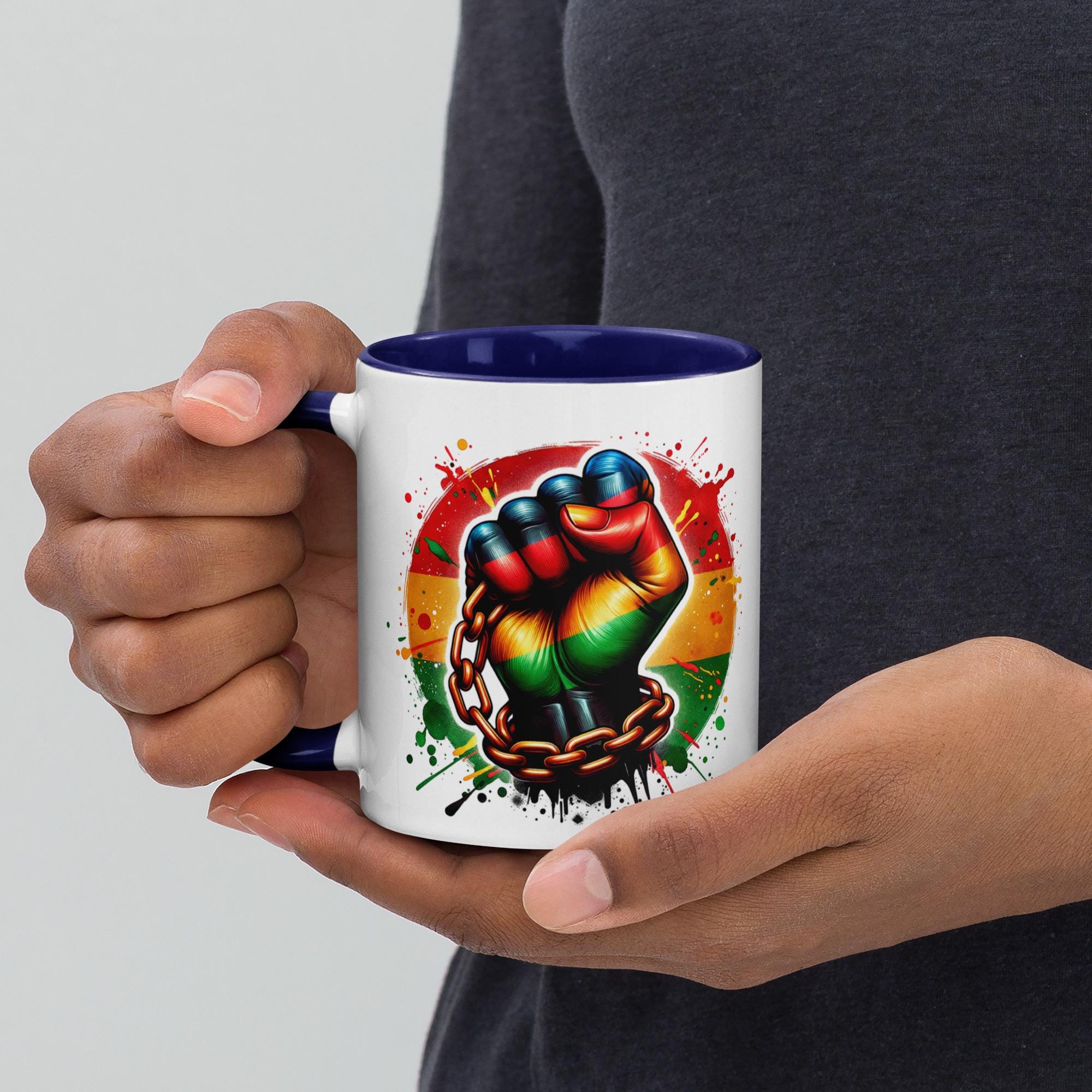 Empowerment Mug – Rasta Fist Breaking Chains, Color Inside