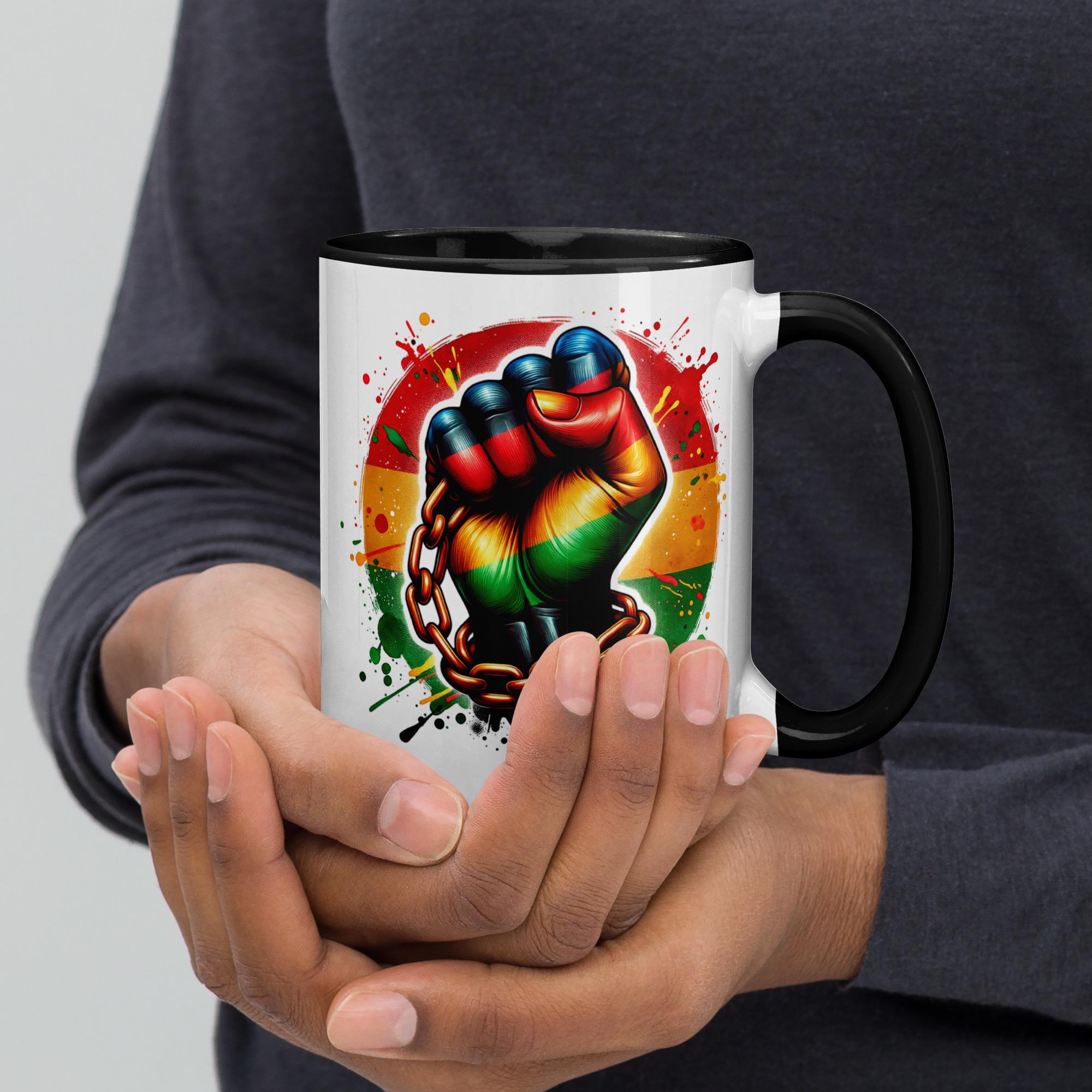 Empowerment Mug – Rasta Fist Breaking Chains, Color Inside