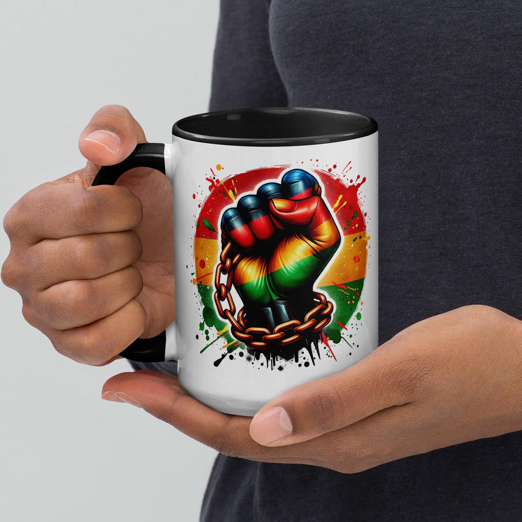 Color-inside empowerment mug with Rasta fist breaking chains

Ceramic mug showing freedom and strength design, two-tone interior

Dishwasher and microwave safe ceramic empowerment mug