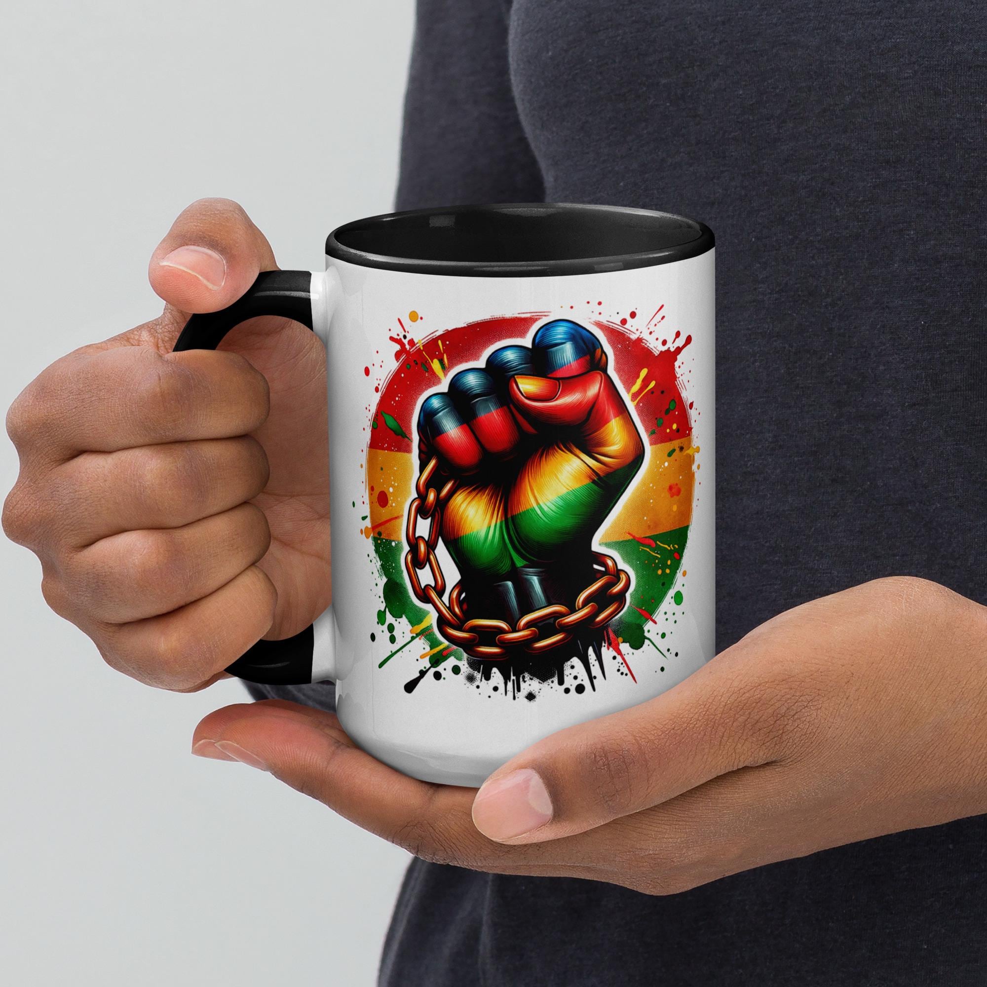 Color-inside empowerment mug with Rasta fist breaking chains

Ceramic mug showing freedom and strength design, two-tone interior

Dishwasher and microwave safe ceramic empowerment mug