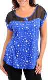 Zenobia royal star print short sleeve top with sheer neckline